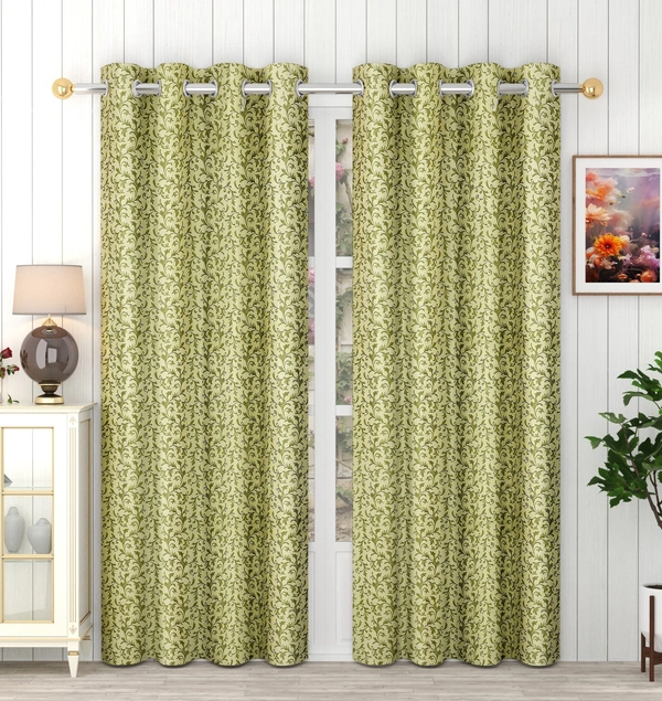 Panipat Textile Hub Polyester Eyelet Green Designer Print curtains Pack of 2 - Window (4x5 Feet)