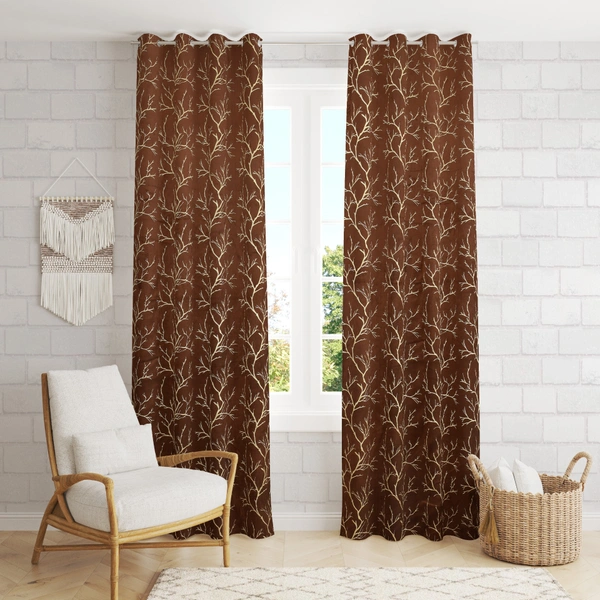 Brown velvet Premium Shining Foil Chinaar Print Blackout Curtains Pack of 2  - Long Door (4 x9 Feet), Brown