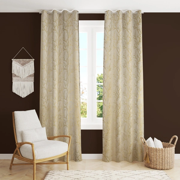 Cream velvet Premium Shining Foil Chinaar Print Blackout Curtains Pack of 2  - Door (4 x 7 Feet), Cream