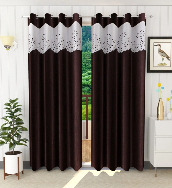 Home Garage Polyester Eyelet Valence Design Brown Solid Curtains Pack of 2 - Long Door (4x9 Feet)