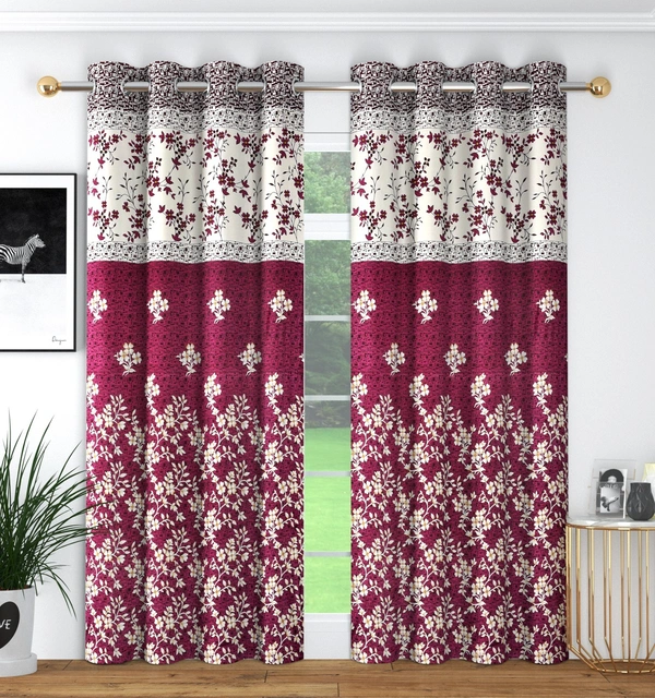 Panipat Textile Hub Polyester Eyelet Wine Designer Print curtains Pack of 2 - Window (4x5 Feet)