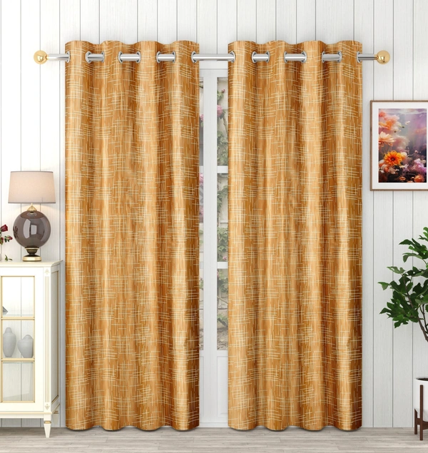 Panipat Textile Hub Polyester Eyelet Gold Designer Print curtains Pack of 2 - Window (4x5 Feet)