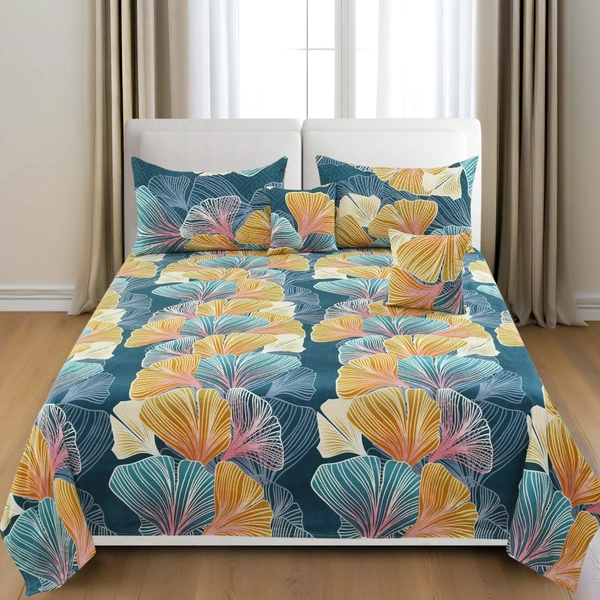 Green King Flat 230 TC Floral Bedsheet (Pack of 1, Green (1 Bedsheet + 2 Pillow Covers + 2 Cushion Cover with filler)