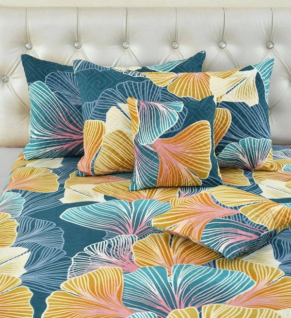 Green King Flat 230 TC Floral Bedsheet (Pack of 1, Green (1 Bedsheet + 2 Pillow Covers + 2 Cushion Cover with filler)