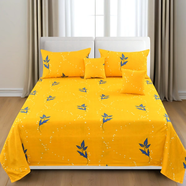 Yellow King Flat 230 TC Floral Bedsheet (Pack of 1, Yellow (1 Bedsheet + 2 Pillow Covers + 2 Cushion Cover with filler)
