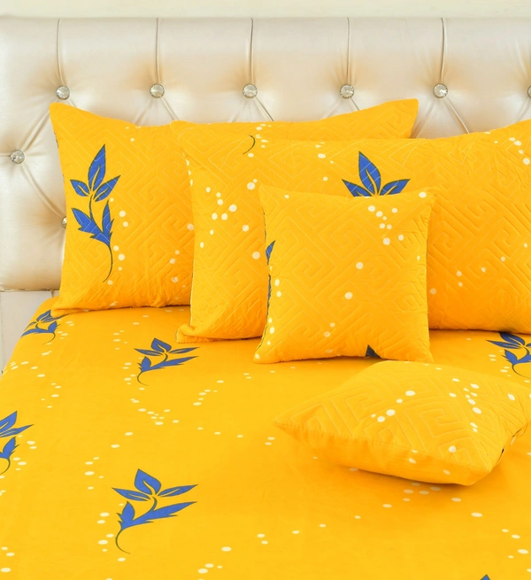 Yellow King Flat 230 TC Floral Bedsheet (Pack of 1, Yellow (1 Bedsheet + 2 Pillow Covers + 2 Cushion Cover with filler)