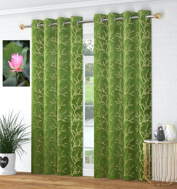 Green velvet Premium Shining Foil Chinaar Print Blackout Curtains Pack of 2  - Long Door (4 x9 Feet), Green