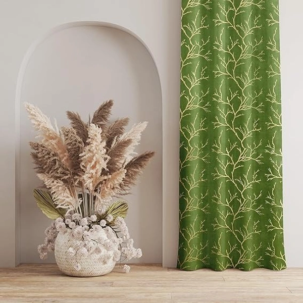 Green velvet Premium Shining Foil Chinaar Print Blackout Curtains Pack of 2  - Long Door (4 x9 Feet), Green