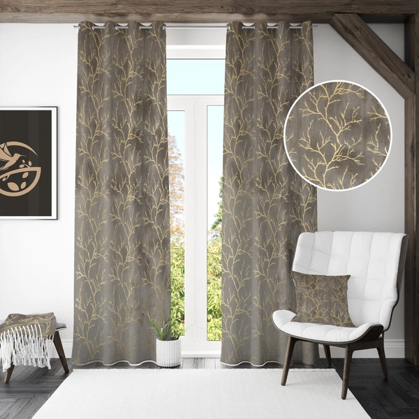 Grey velvet Premium Shining Foil Chinaar Print Blackout Curtains Pack of 2  - Long Door (4 x9 Feet), Grey