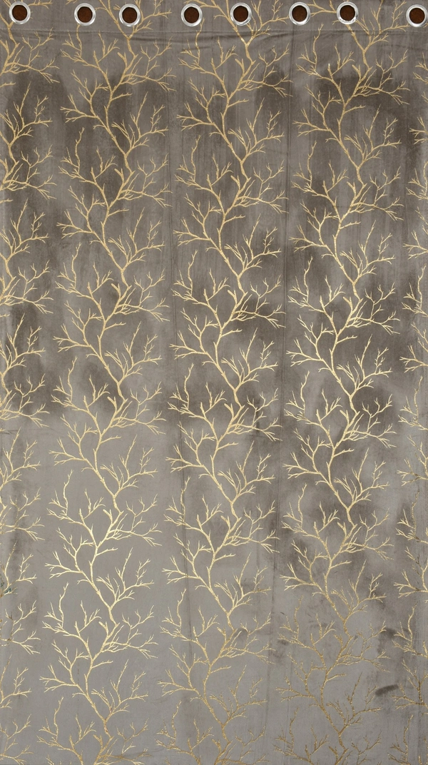 Grey velvet Premium Shining Foil Chinaar Print Blackout Curtains Pack of 2  - Long Door (4 x9 Feet), Grey