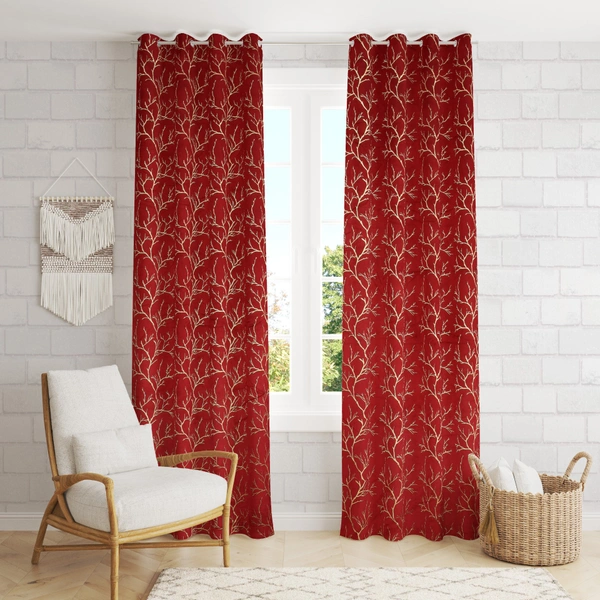 Maroon velvet Premium Shining Foil Chinaar Print Blackout Curtains Pack of 2  - Door (4 x 7 Feet), Maroon