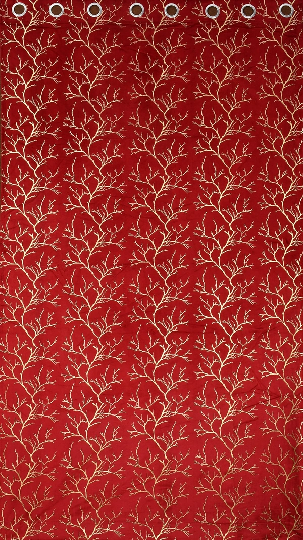 Maroon velvet Premium Shining Foil Chinaar Print Blackout Curtains Pack of 2  - Door (4 x 7 Feet), Maroon