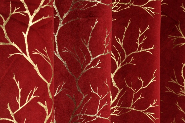 Maroon velvet Premium Shining Foil Chinaar Print Blackout Curtains Pack of 2  - Door (4 x 7 Feet), Maroon