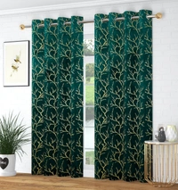 Dark Green velvet Premium Shining Foil Chinaar Print Blackout Curtains Pack of 2  - Long Door (4 x9 Feet), Green
