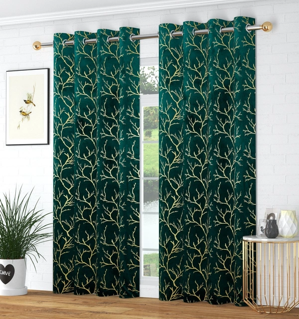 Dark Green velvet Premium Shining Foil Chinaar Print Blackout Curtains Pack of 2  - Long Door (4 x9 Feet), Green