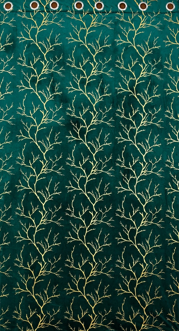 Dark Green velvet Premium Shining Foil Chinaar Print Blackout Curtains Pack of 2  - Long Door (4 x9 Feet), Green