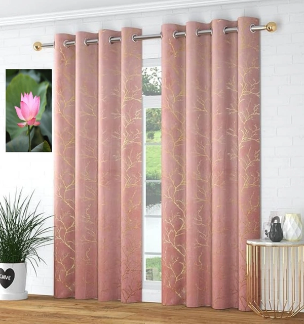 Peach velvet Premium Shining Foil Chinaar Print Blackout Curtains Pack of 2  - Door (4 x 7 Feet), Peach