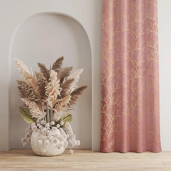 Peach velvet Premium Shining Foil Chinaar Print Blackout Curtains Pack of 2  - Door (4 x 7 Feet), Peach