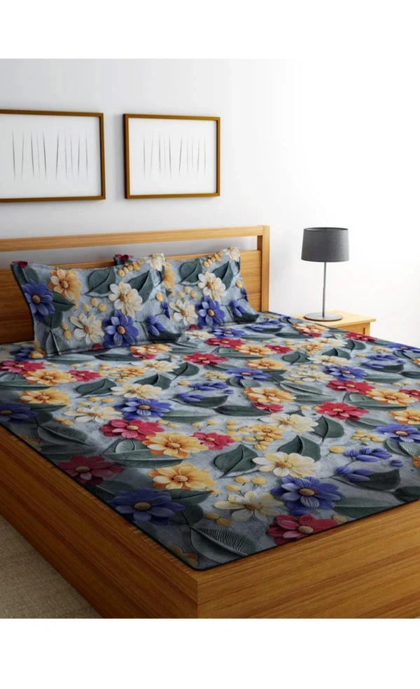 Blue 7D Cotton Feel Super Soft Fabric King Size bedsheet 7D Print Bedsheet for Double Bed with 2 Pillow Covers.