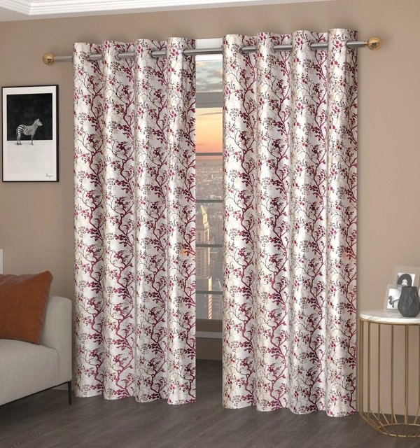 Panipat Textile Hub Polyester Eyelet Wine Designer Print curtains Pack of 2 - Long Door (4x9 Feet), Cardinal Pink