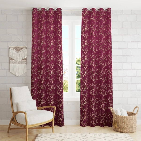 Wine velvet Premium Shining Foil Chinaar Print Blackout Curtains Pack of 2  - Window (4 x 5 Feet), Wine