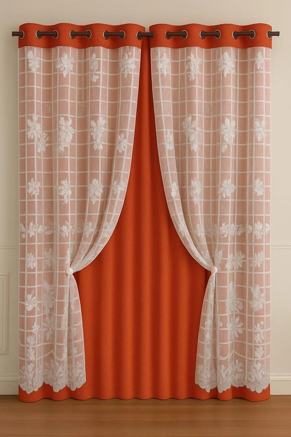 Orange luxury Double layer Curtains (Self Design, Pack of 2)  - Long Door (4 x9 Feet)