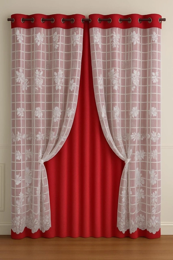 Red luxury Double layer Curtains (Self Design, Pack of 2)  - Window (4 x 5 Feet)
