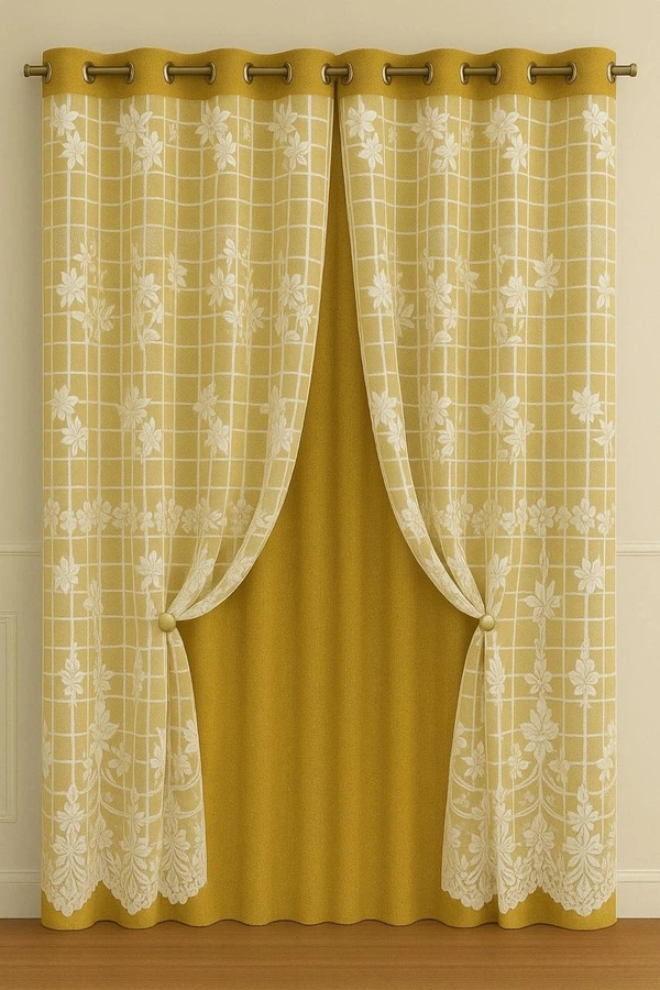 Yellow luxury Double layer Curtains (Self Design, Pack of 2)  - Long Door (4 x9 Feet)