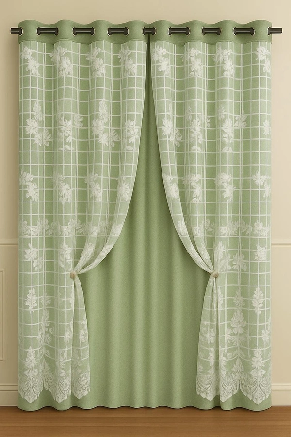 Light Green luxury Double layer Curtains (Self Design, Pack of 2)  - Long Door (4 x9 Feet)