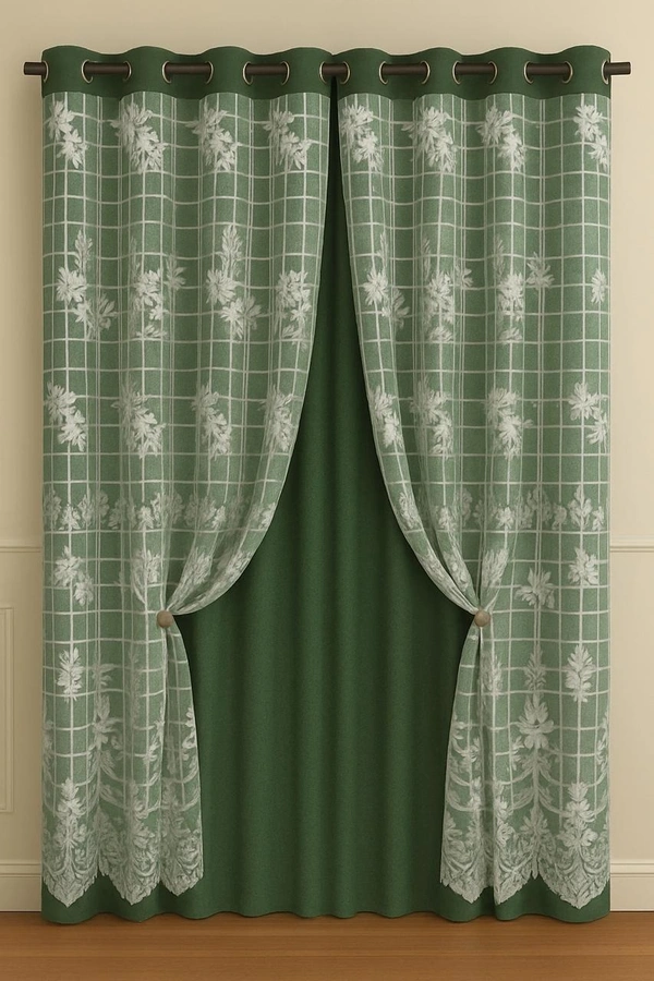 Dark Green luxury Double layer Curtains (Self Design, Pack of 2)  - Window (4 x 5 Feet)