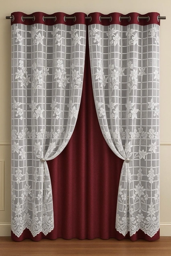 Maroon luxury Double layer Curtains (Self Design, Pack of 2)  - Door (4 x 7 Feet)