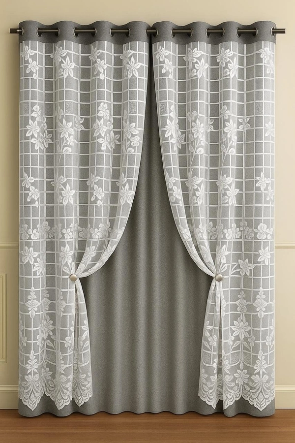 Grey luxury Double layer Curtains (Self Design, Pack of 2)  - Long Door (4 x9 Feet)