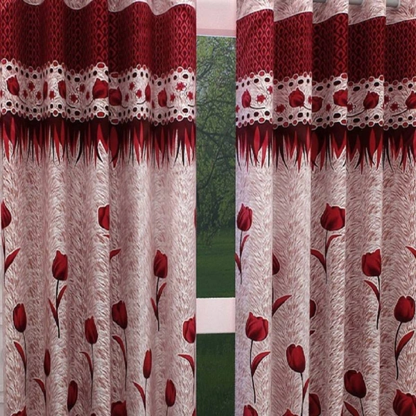 Home Garage polyester Eyelet Mroon Printed Design curtains Pack of 2 - Door (4x7 Feet)