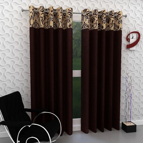 Home Garage Polyester Eyelet  Printed Patch work Design Brown  Curtains Pack of 2 - Long Door (4x9 Feet)