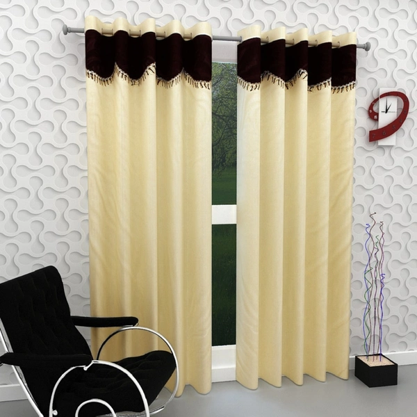 Home Garage Polyester Eyelet Valence Design Cream Solid Curtains Pack of 2 - Window (4x5 Feet)