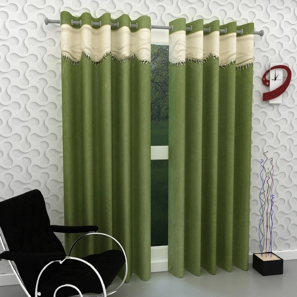 Home Garage Polyester Eyelet Valence Design Green Solid Curtains Pack of 2 - Window (4x5 Feet)