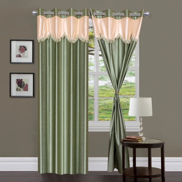Home Garage Polyester Eyelet Valence Design Green Solid Curtains Pack of 2 - Window (4x5 Feet)
