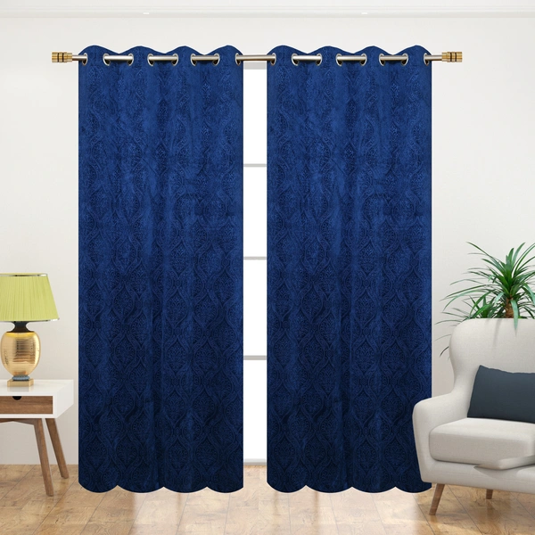 Home Garage Velvet Eyelet Blue Blackout High Quality Punch Print curtains Pack of 2 - Long Door (4x9 Feet)