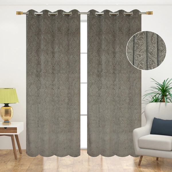 Home Garage Velvet Eyelet Gray Blackout High Quality Punch Print curtains Pack of 2 - Window (4x5 Feet)