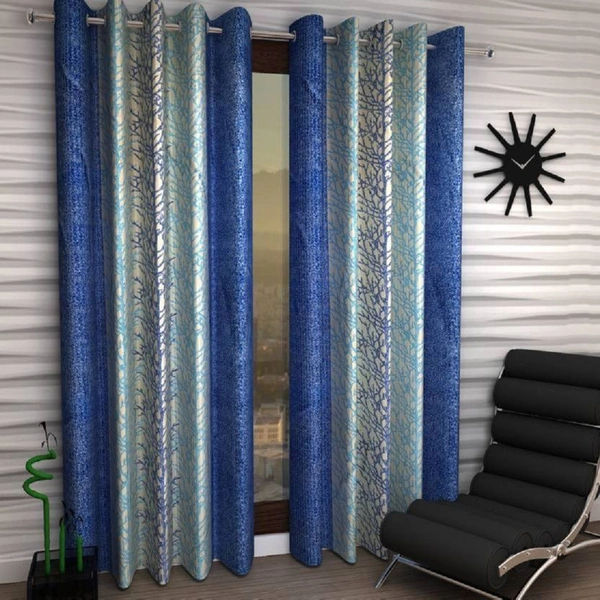 Loof Klapper Polyester Eyelet Blue Printed Design curtains Pack of 2 - Long Door (4x9 Feet)