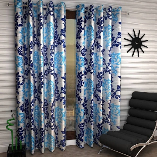 Loof Klapper Polyester Eyelet Blue Printed Design curtains Pack of 2 - Long Door (4x9 Feet)