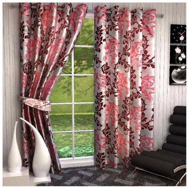 Loof Klapper Polyester Eyelet Maroon Printed Design curtains Pack of 2 - Window (4x5 Feet)