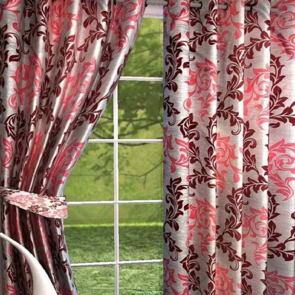 Loof Klapper Polyester Eyelet Maroon Printed Design curtains Pack of 2 - Window (4x5 Feet)