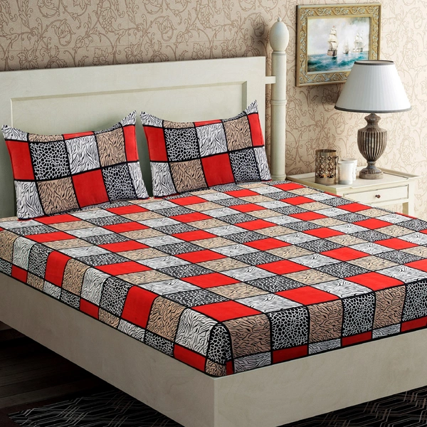 Painpat Textile Hub 140 TC Microfiber Double Red Check Flat Bedsheet  with 2 pillow cover - Double Bedsheet