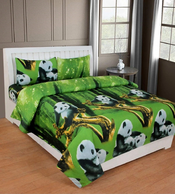 Painpat Textile Hub 140 TC Microfiber Green Panda Cartoon Double  Flat Bedsheet  with 2 pillow cover - Double Bedsheet