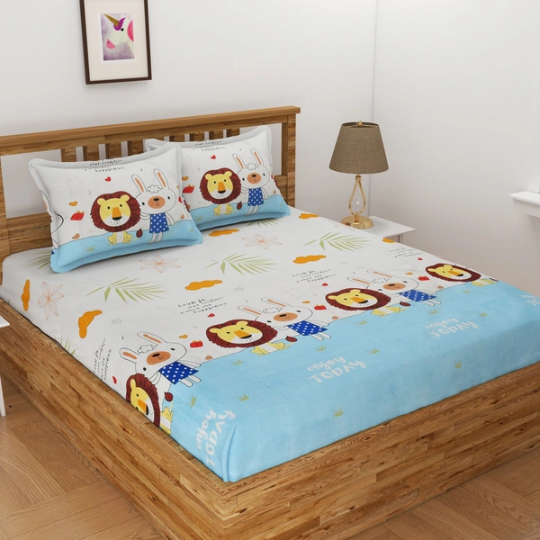 Panipat Textile Hub 140 TC Microfiber 3D Lion Printed Flat Double Bedsheet  With 2 pillow cover - Double Bedsheet