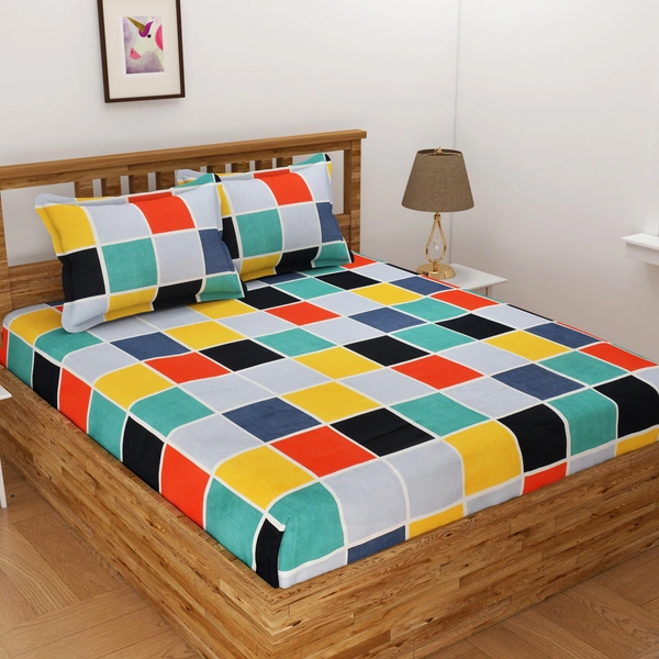 Panipat Textile Hub 140 TC Microfiber 3D Multi Box Printed Flat Double Bedsheet  With 2 pillow cover - Single Bedsheet
