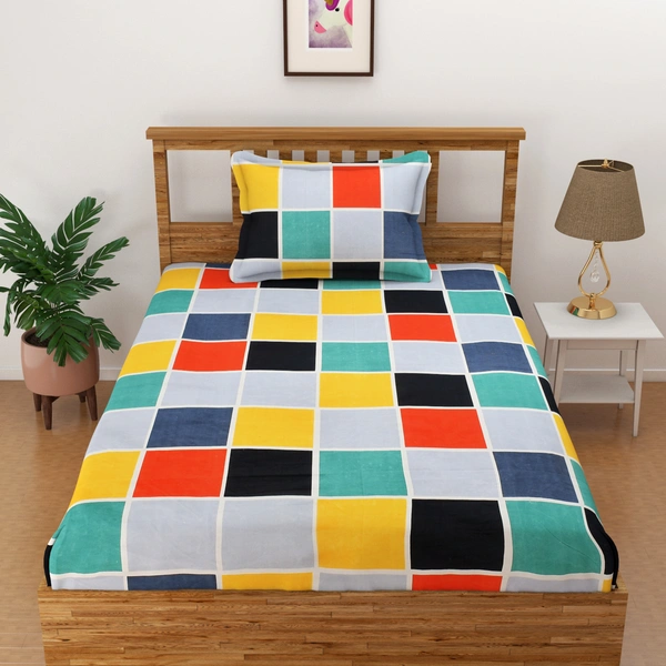 Panipat Textile Hub 140 TC Microfiber 3D Multi Box Printed Flat Double Bedsheet  With 2 pillow cover - Single Bedsheet