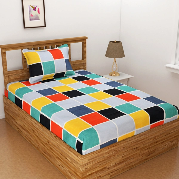 Panipat Textile Hub 140 TC Microfiber 3D Multi Box Printed Flat Double Bedsheet  With 2 pillow cover - Single Bedsheet