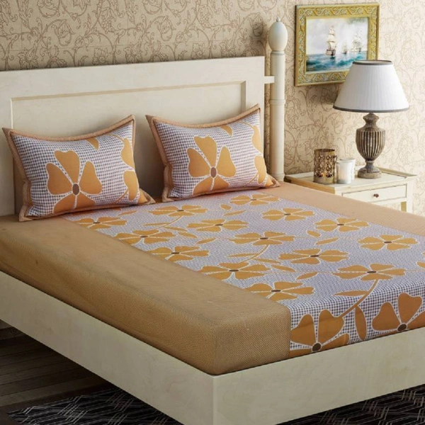 Panipat Textile Hub 140 TC Microfiber  Brown Fruity Printed Flat Double Bedsheet  With 2 pillow cover - Double Bedsheet